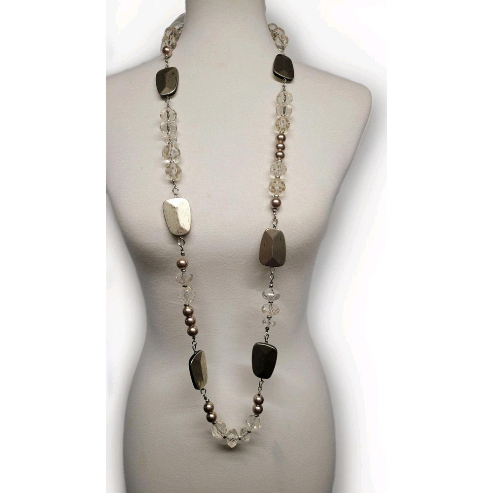 Vintage Chico's Long Silver Tone Faux Pearl Faux Crystal Necklace